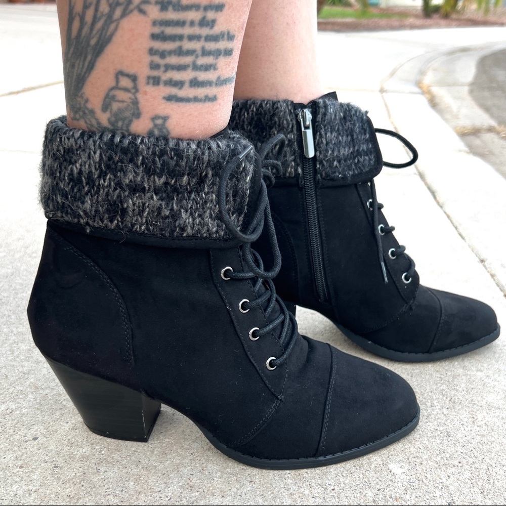 Torrid Sweater Cuff Black Vegan Leather Ankle Heeled Boots Booties